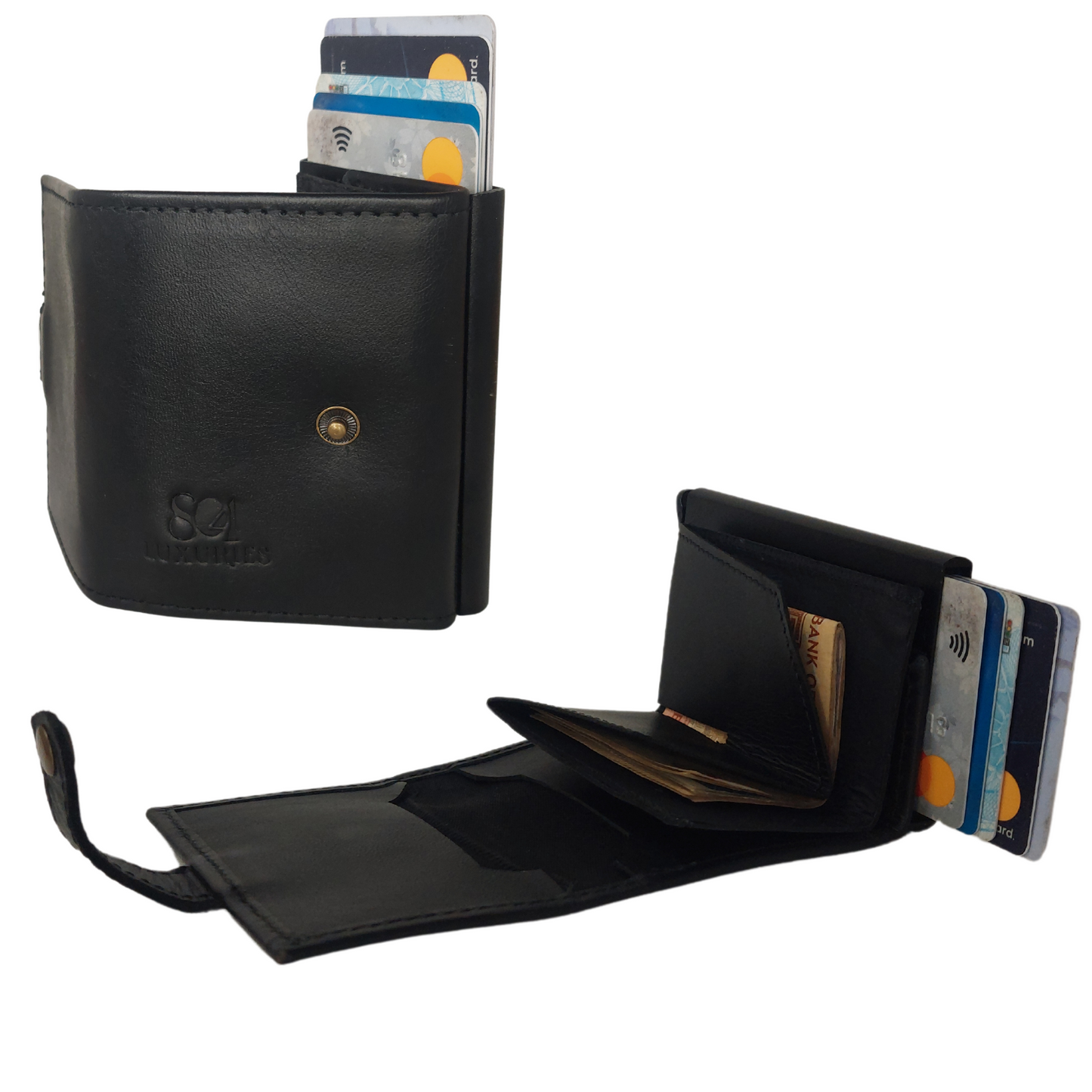 Button Lock Pure Leather Wallet with Aluminum Pop-up Card Holder - RFID Blocking Technology