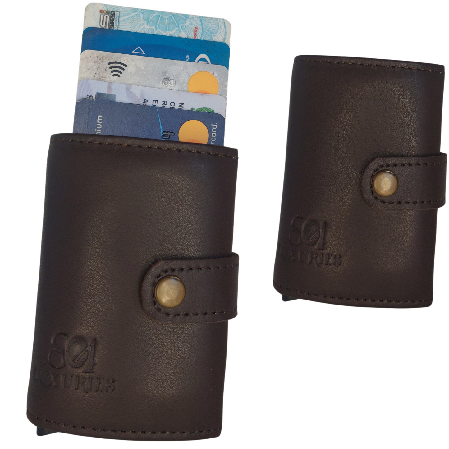 Button Lock Pure Leather Wallet with Aluminum Pop-up Card Holder - RFID Blocking Technology