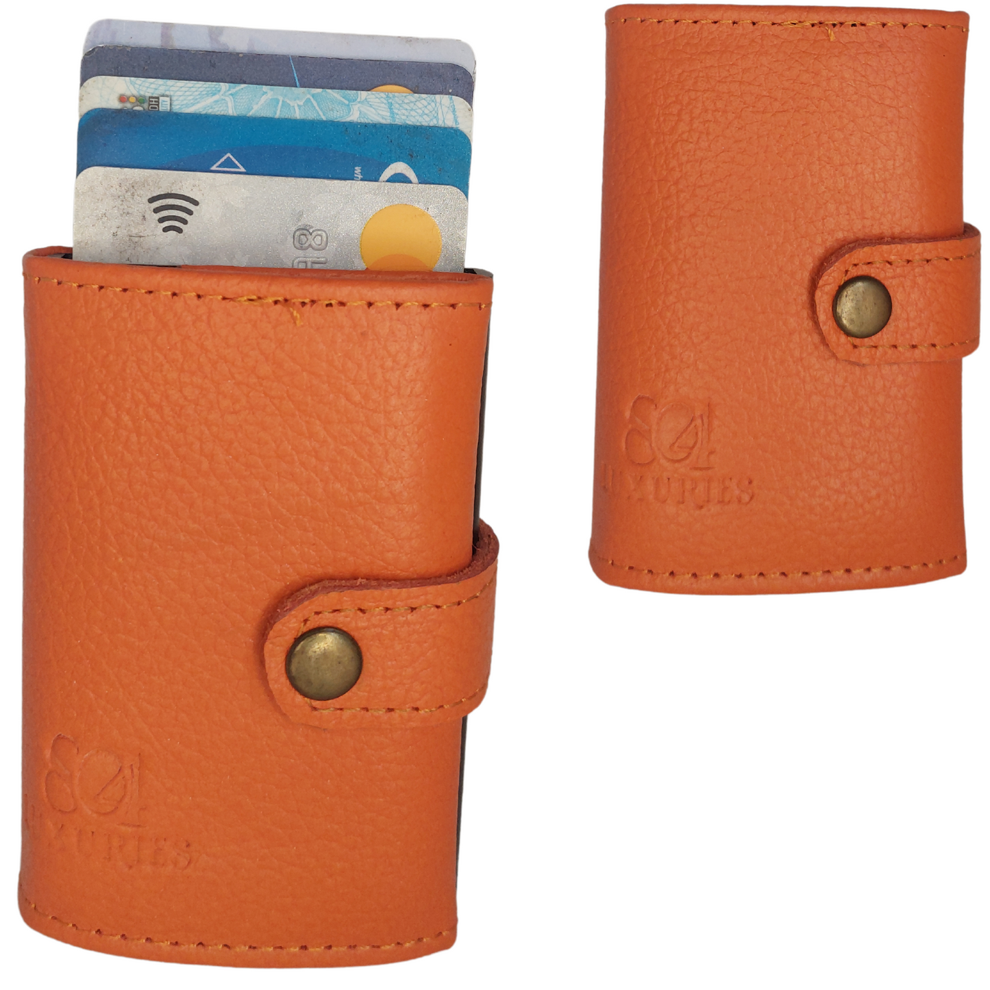 Button Lock Pure Leather Wallet with Aluminum Pop-up Card Holder - RFID Blocking Technology