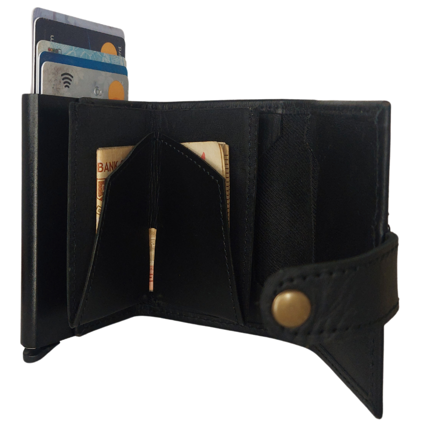 Button Lock Pure Leather Wallet with Aluminum Pop-up Card Holder - RFID Blocking Technology